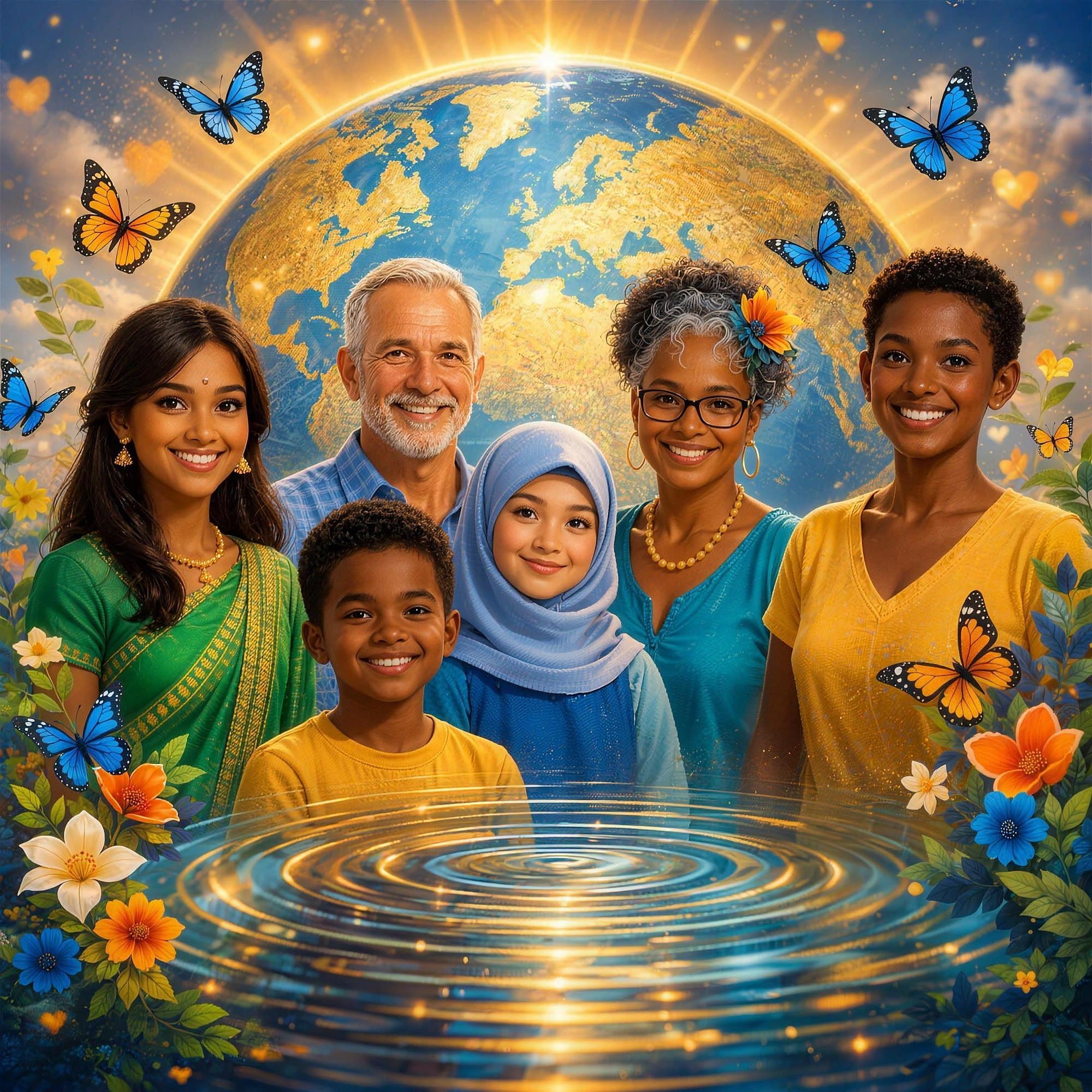 A radiant, diverse global family gathered together around a golden Earth